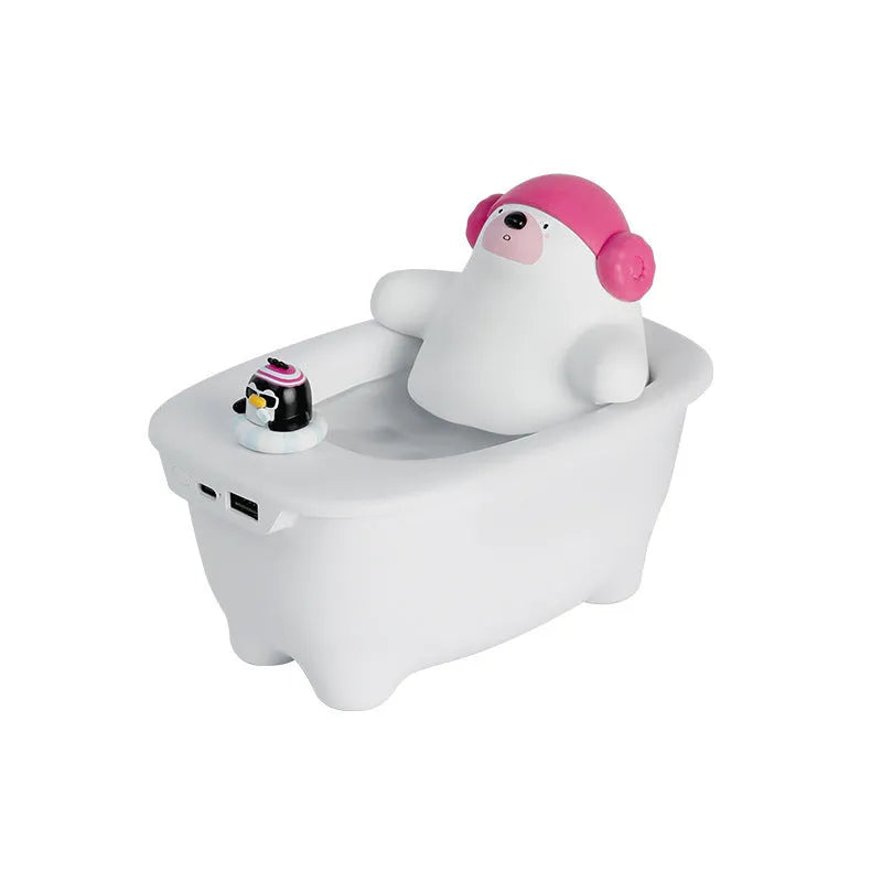 White USB-powered desktop air humidifier with large water tank on a desk.
