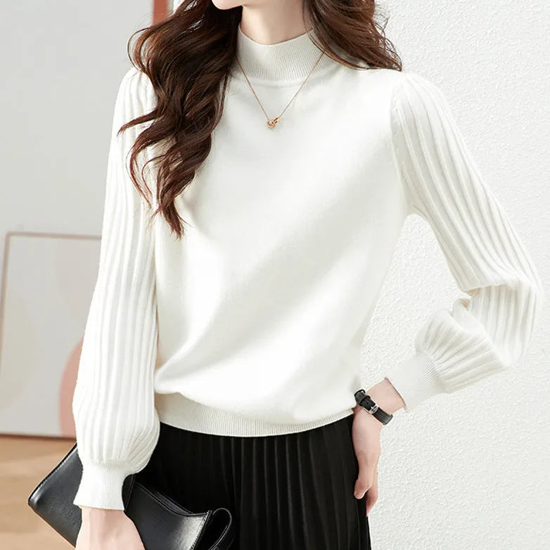Slimming apricot half-turtleneck shirt with a sunken stripe design, shown as a pullover.