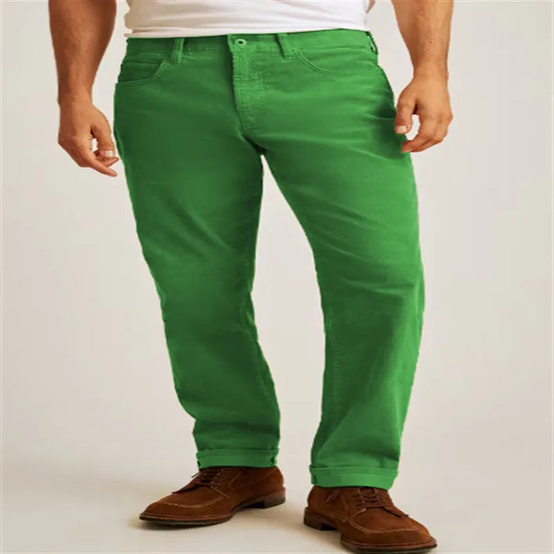 Straight-leg corduroy trousers in a loose casual fit on a mid-waist, shown in army green colour.