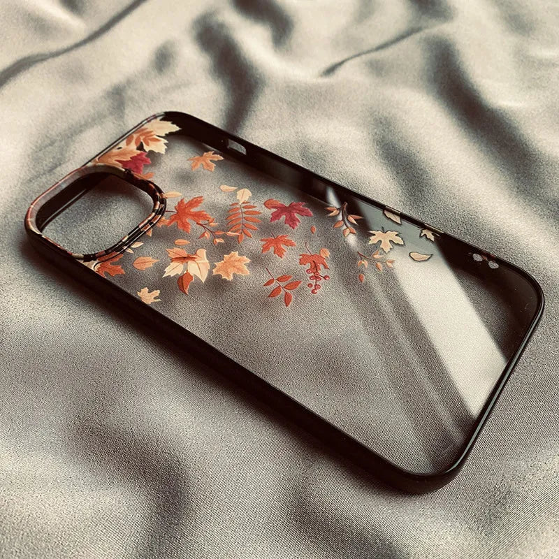 Drop-resistant acrylic phone case with autumn wind and fallen leaves print in Black Edge option
