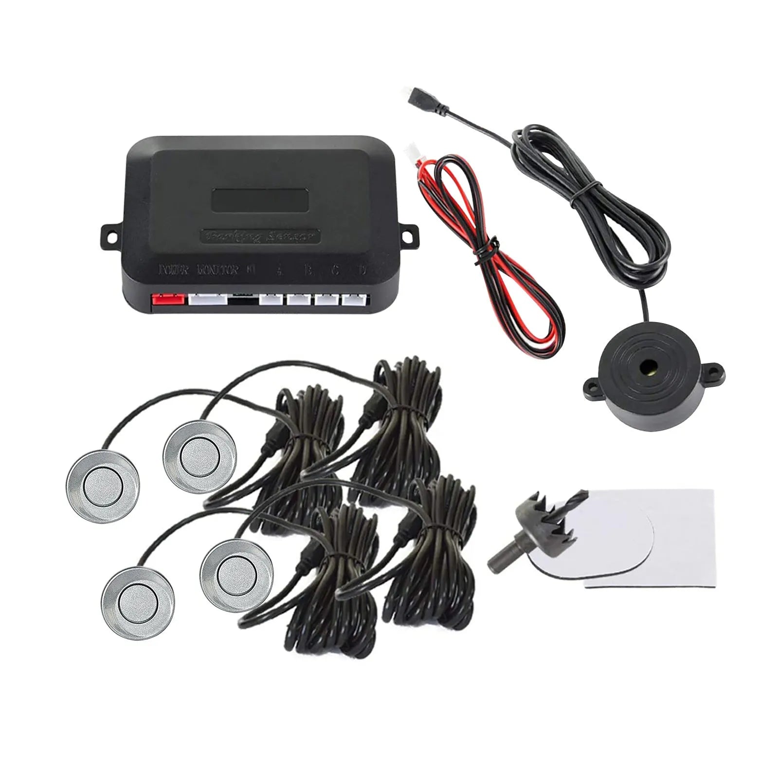 4-probe buzzer-only car reversing radar kit with sensors, control module, and hole saw on a grey background.
