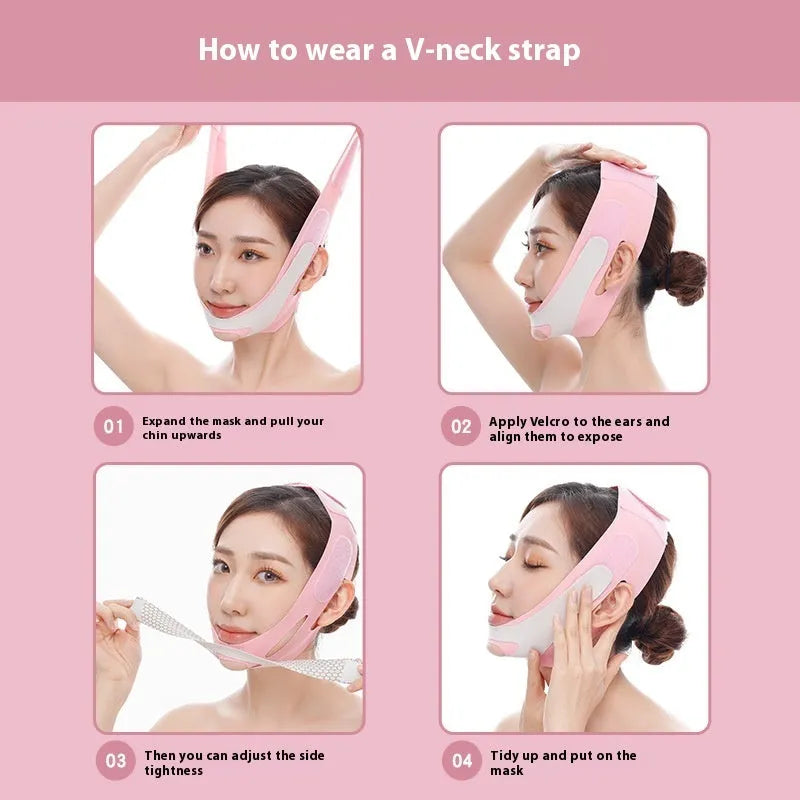 Pink and black elastic V-shaped face bandage for facial contouring