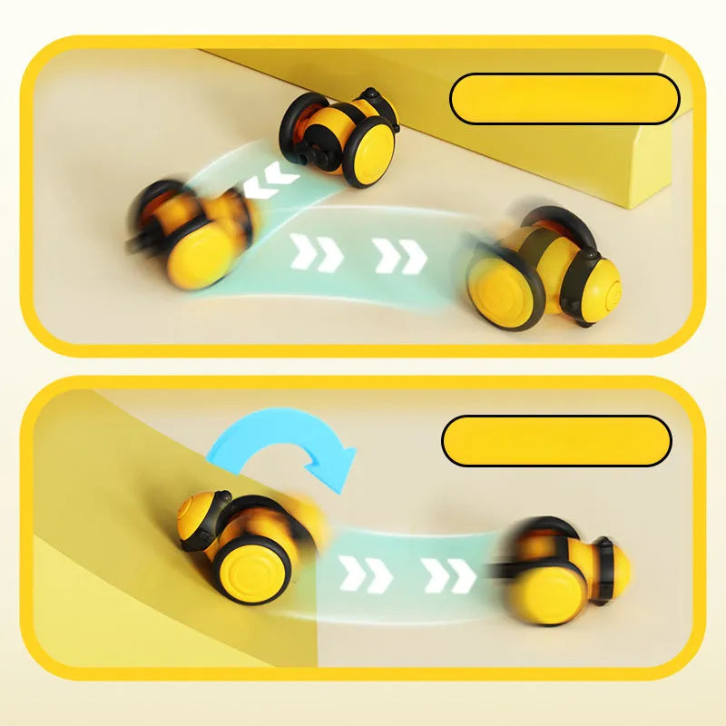 Bee-shaped electric cat car toy with feather teaser stick in pink and yellow colour options