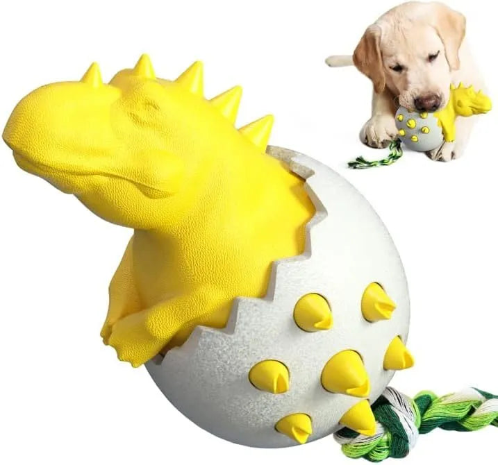 Blue durable rubber dinosaur dog chew toy with rope for aggressive chewers.