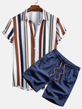 Men's short sleeve cardigan and matching shorts suit in a digital printed pattern.