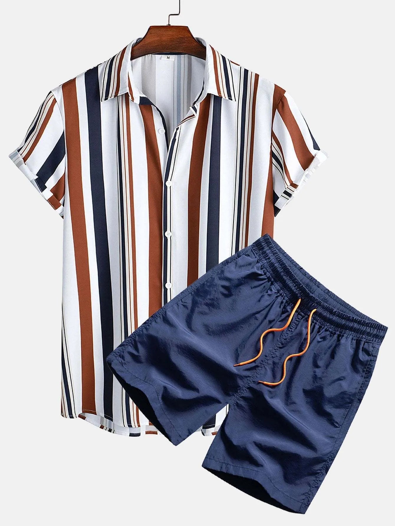 Men's short sleeve cardigan and matching shorts suit in a digital printed pattern.