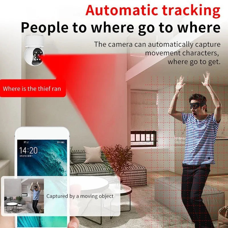 White wireless indoor 360-degree smart security camera on a stand for home monitoring.