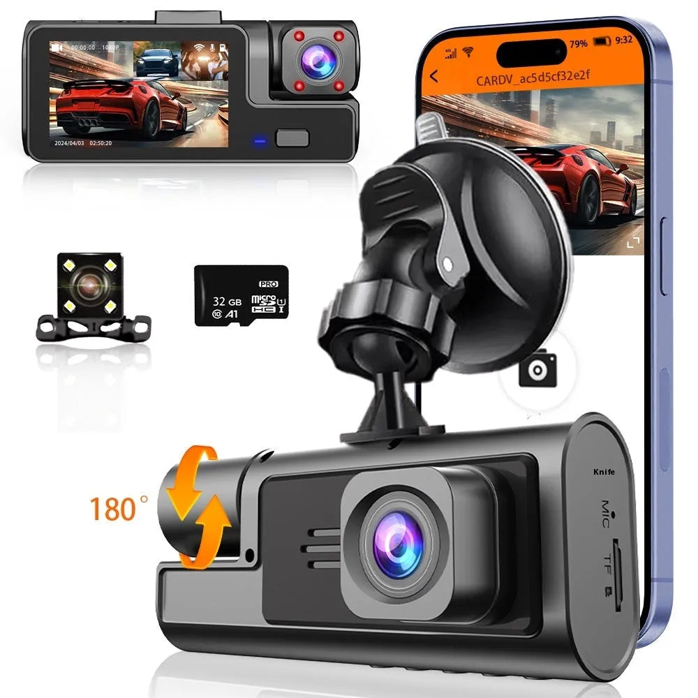 Black front and rear Wi-Fi car dash cam with 2.0 inch screen mounted on windscreen, showing rear camera feed.