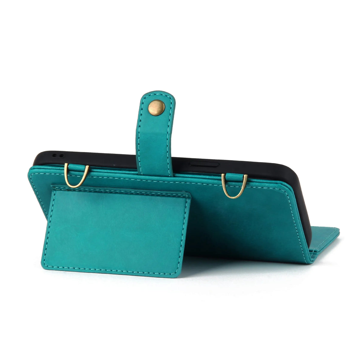 PU crossbody wallet phone case with card slot, lanyard, bracket, and magnetic suction, in black, brown, red, or blue.