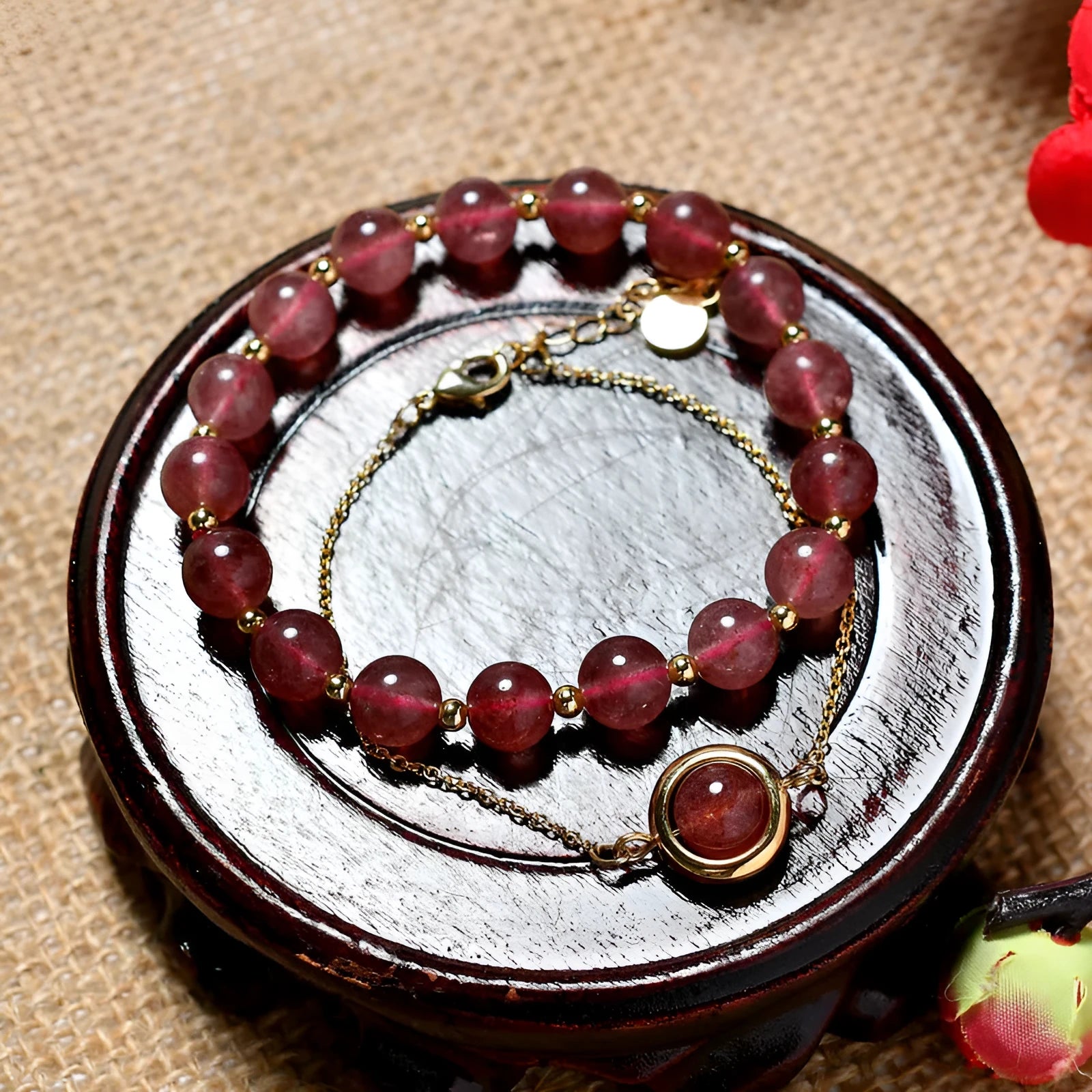 Women's double-layer bracelet with strawberry quartz crystals and lucky beads on gold electroplated copper