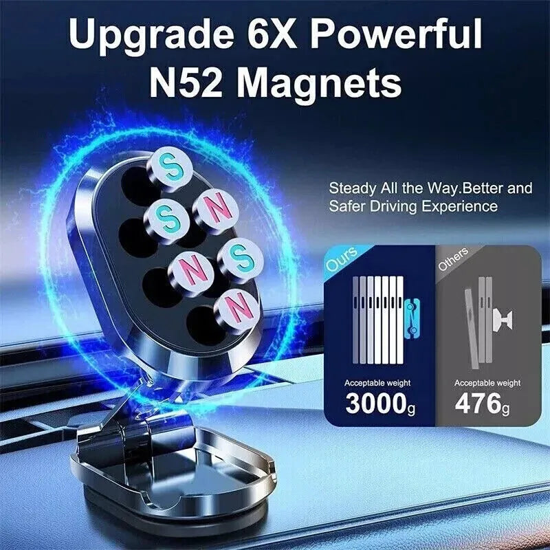 Chrome magnetic car phone holder with foldable bracket and 360-degree swivel on a car dashboard