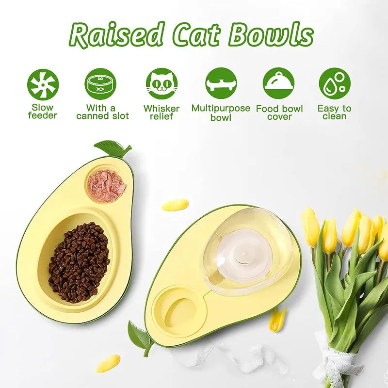 Avocado-shaped automatic cat water dispenser and slow feeder bowl with separate food sections