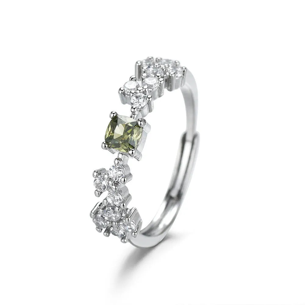 Olive green zircon ring for women, crown shape, adjustable open mouth, copper electroplated white gold tone