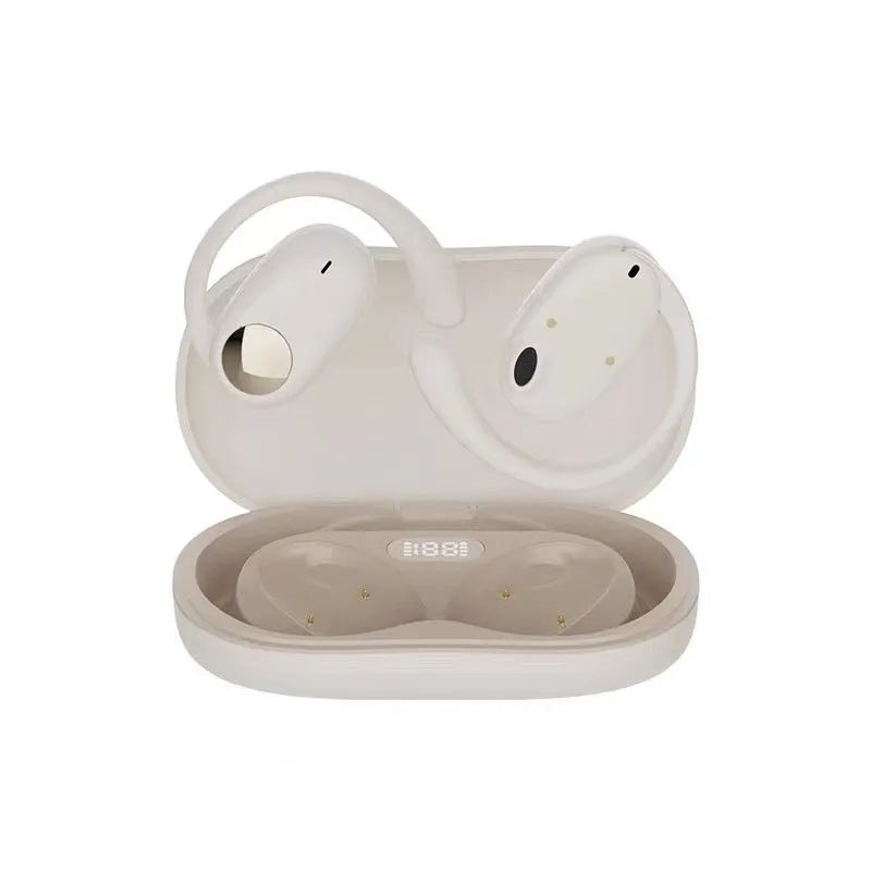 Black wireless bone conduction ear hook headset, open non in-ear sports Bluetooth design with digital display