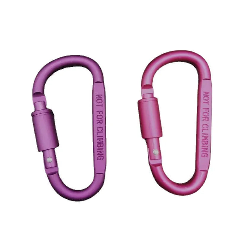 Silver D-shaped aluminium locking carabiner on a grey background.
