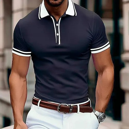 Men's thin lapel button T-shirt in dark blue, loose fit pullover style, polyester blend fabric
