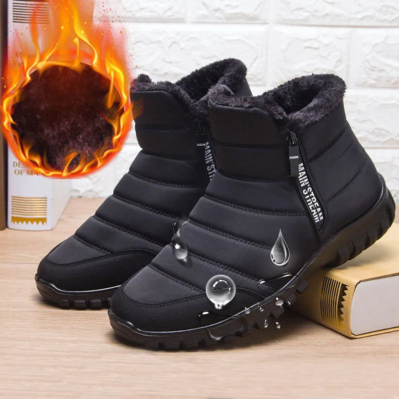 Men's waterproof winter boots in black with canvas upper, plush lining, side zip and flat polyurethane sole