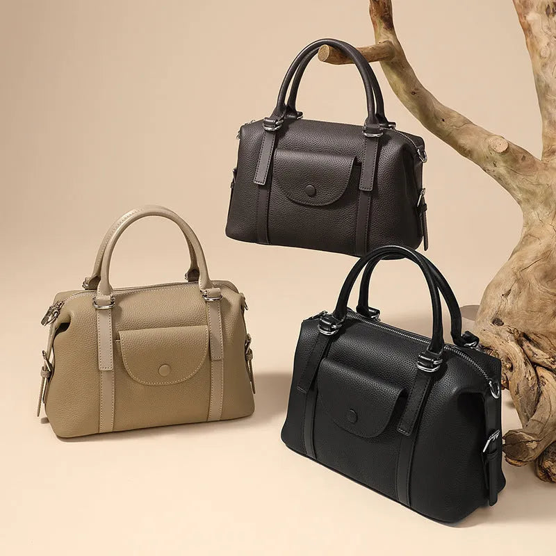 Genuine leather ladies handbag with contrast stitching in black, brown, or elephant grey