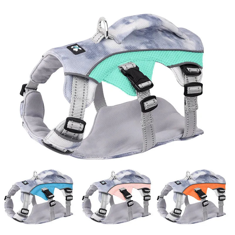 Light blue reflective dog chest strap cooling harness laid flat.