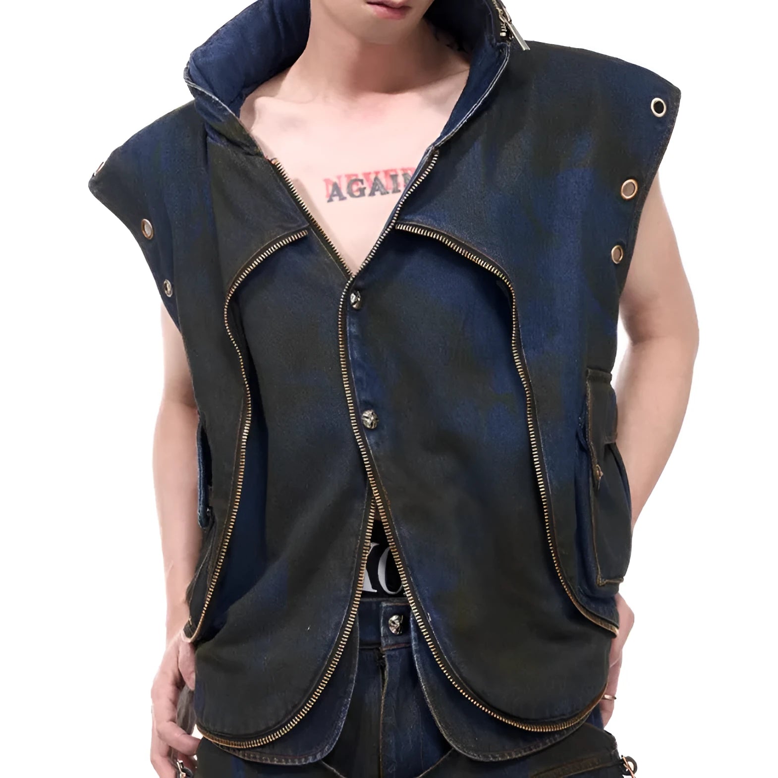 Blue hooded denim vest coat and matching trousers set in heavy industry style