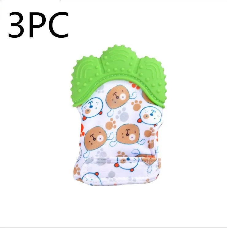 Baby silicone teething glove with Velcro strap in a smiley face yellow design.