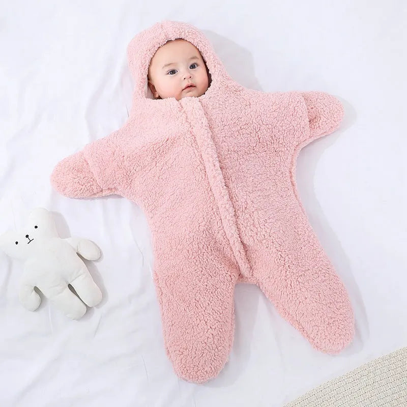 Cashmere and cotton baby sleeping bag with hood in starfish lamb velvet design