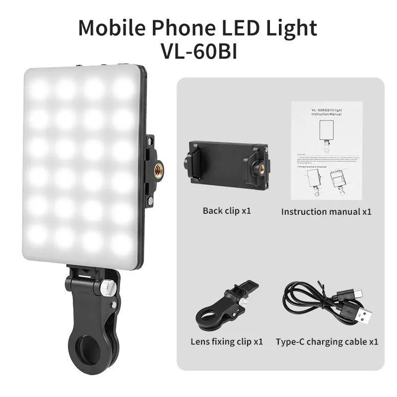 Portable pocket fill light with clip for mobile phone photography and live broadcasting