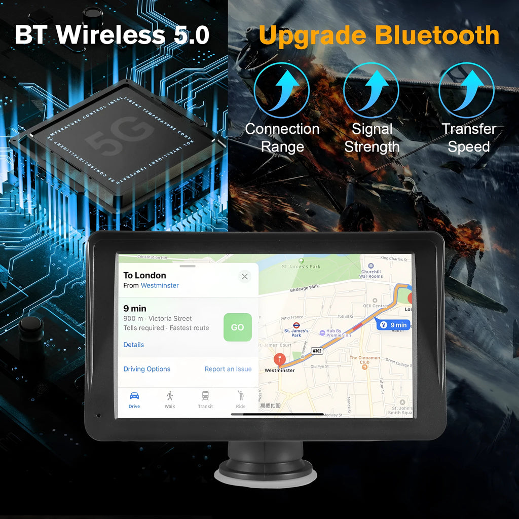 Portable car stereo with 7-inch touchscreen showing CarPlay interface, plastic body, and AUX cable