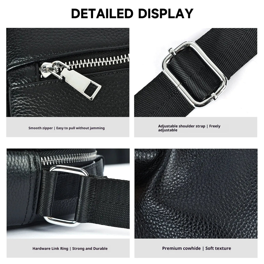 Men's first layer cowhide crossbody bag, 18x7x22cm, in black or coffee with polyester cotton lining