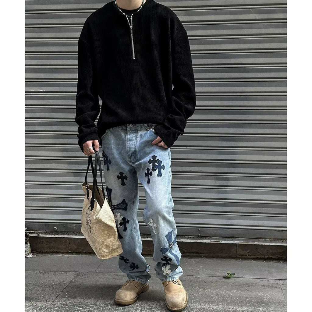 Men's solid grey loose-fit long sleeve pullover top on a hanger.