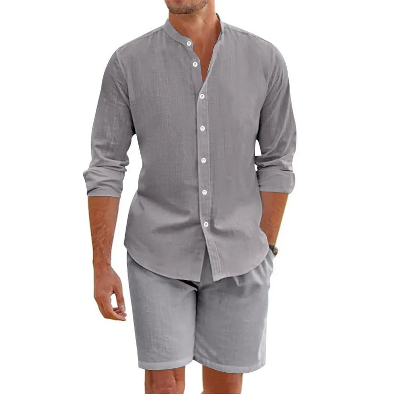 Men's dark grey linen blend short sleeve shirt and matching drawstring shorts set on a hanger.