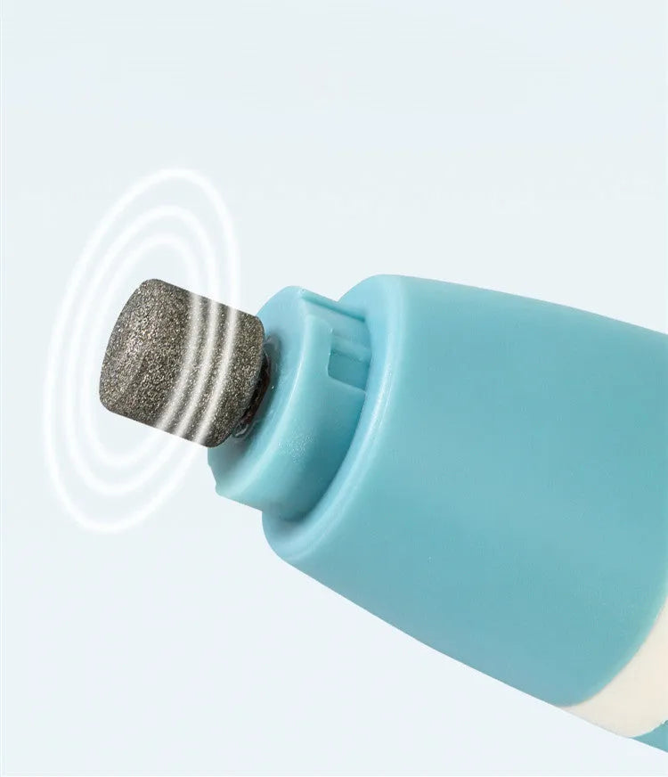 Pet nail polisher and hair trimmer dual-purpose tool in blue, with USB cable and accessories on white background
