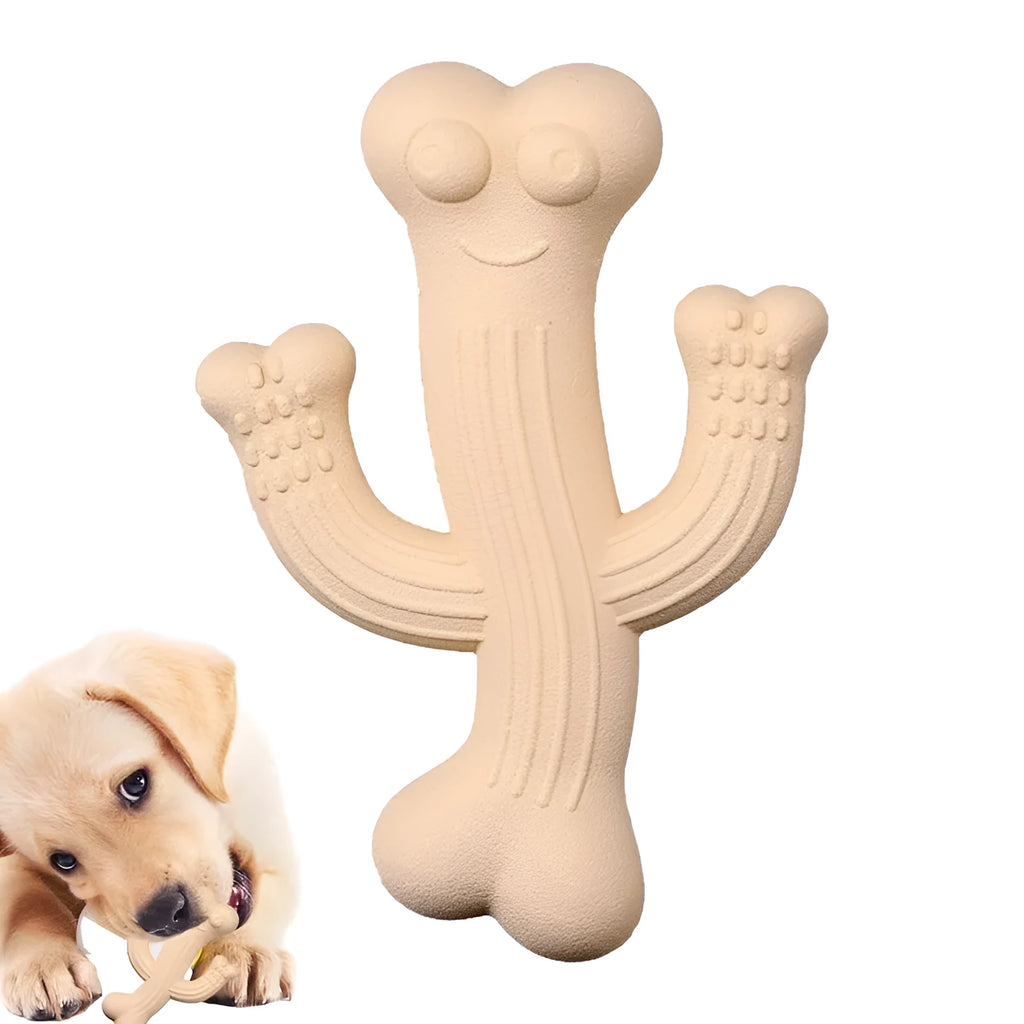 Beige, blue, and purple cactus-shaped dog chew toy made from bamboo fibre and rubber on a white background.