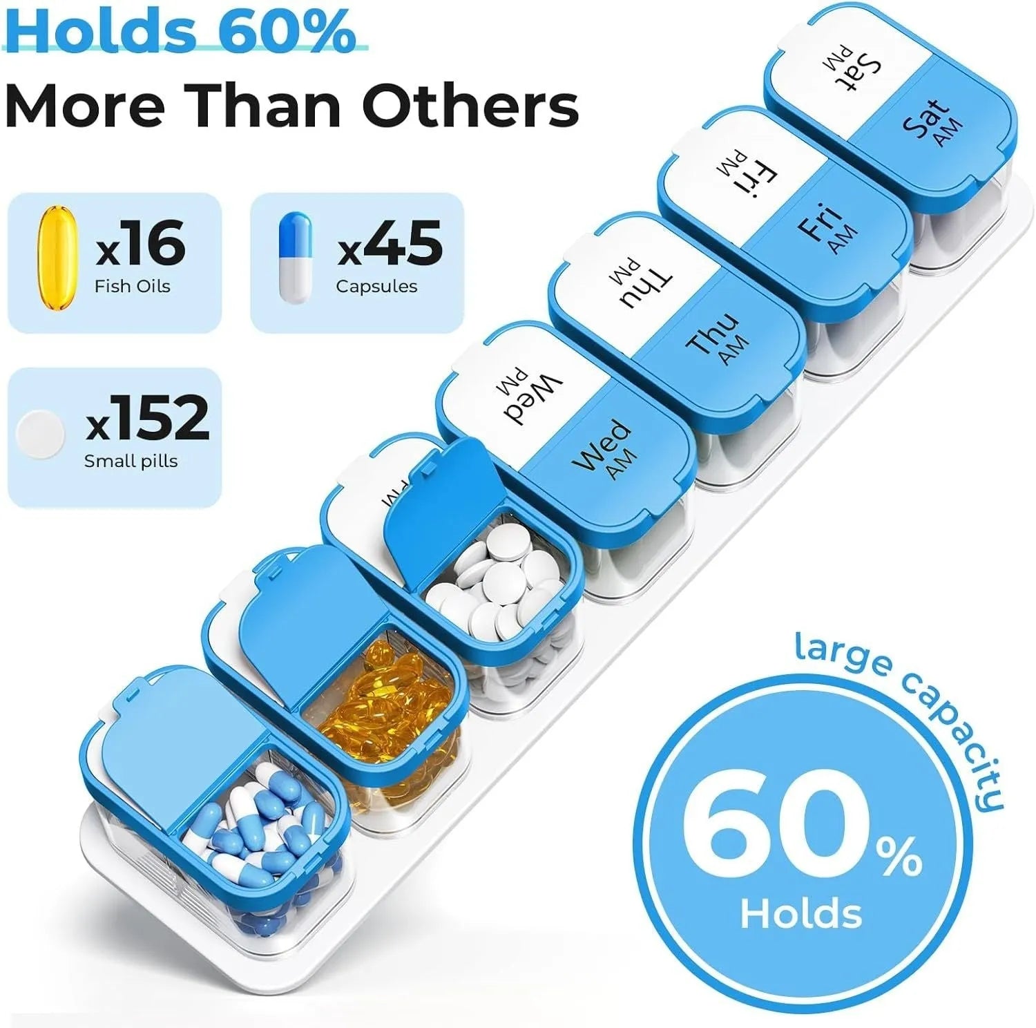 White and rainbow coloured disassemblable plastic pill organiser box with 14 compartments.