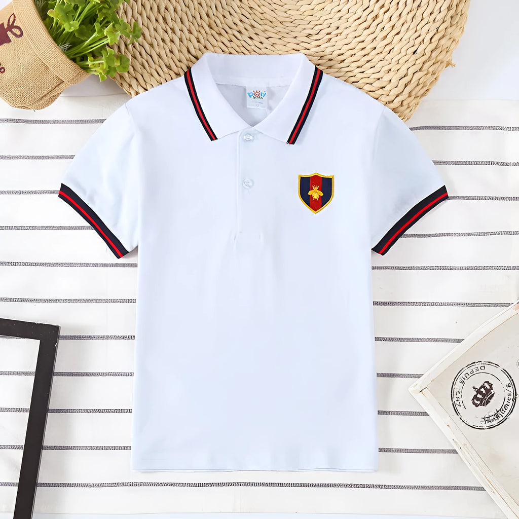 Boys' short sleeve lapel collar t-shirt in cotton fabric available in four colours