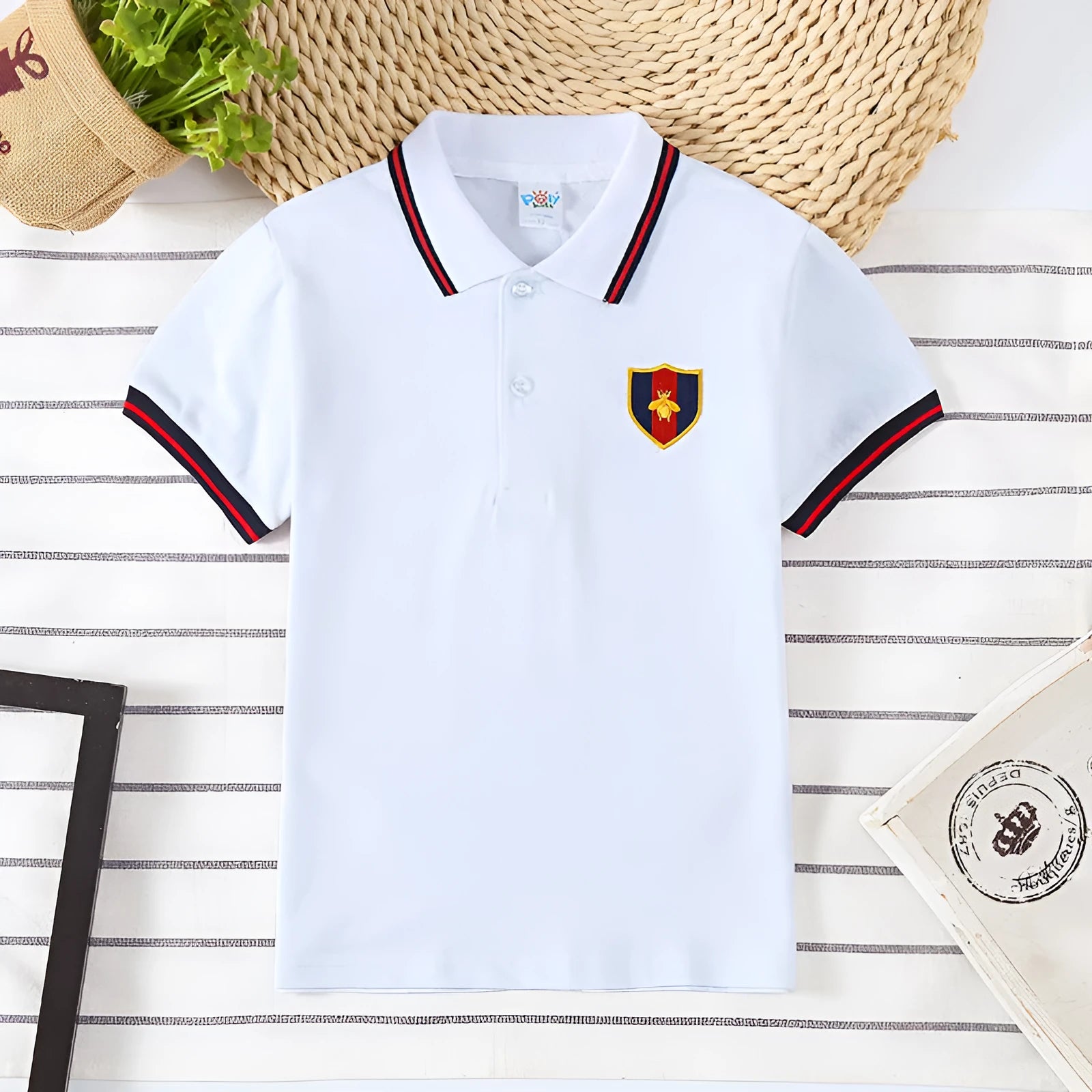 Boys' short sleeve lapel collar t-shirt in cotton fabric available in four colours