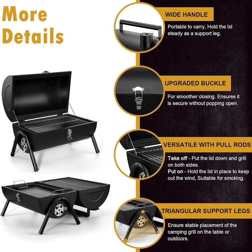 Small metal folding desktop barbecue charcoal stove with grill.