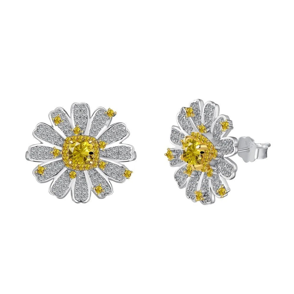 Women's 925 sterling silver ear studs with platinum colour and marigold-sunflower detail