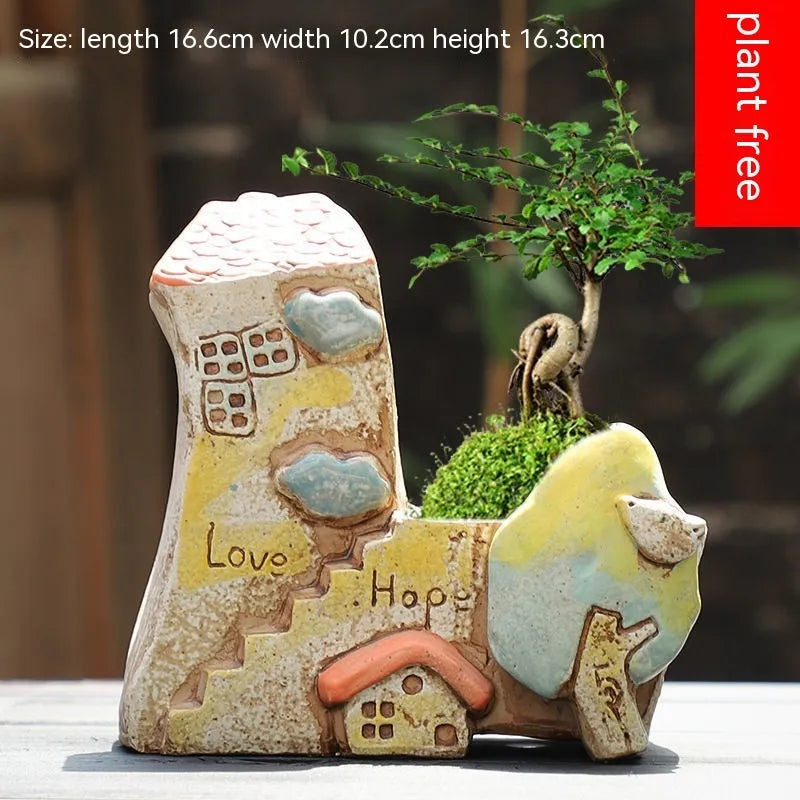 Handmade ceramic combination flower pot with hand-painted pastoral design for succulents