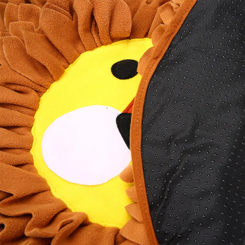 Brown lion-pattern fabric snuffle mat for dogs and cats with folds for hiding treats.