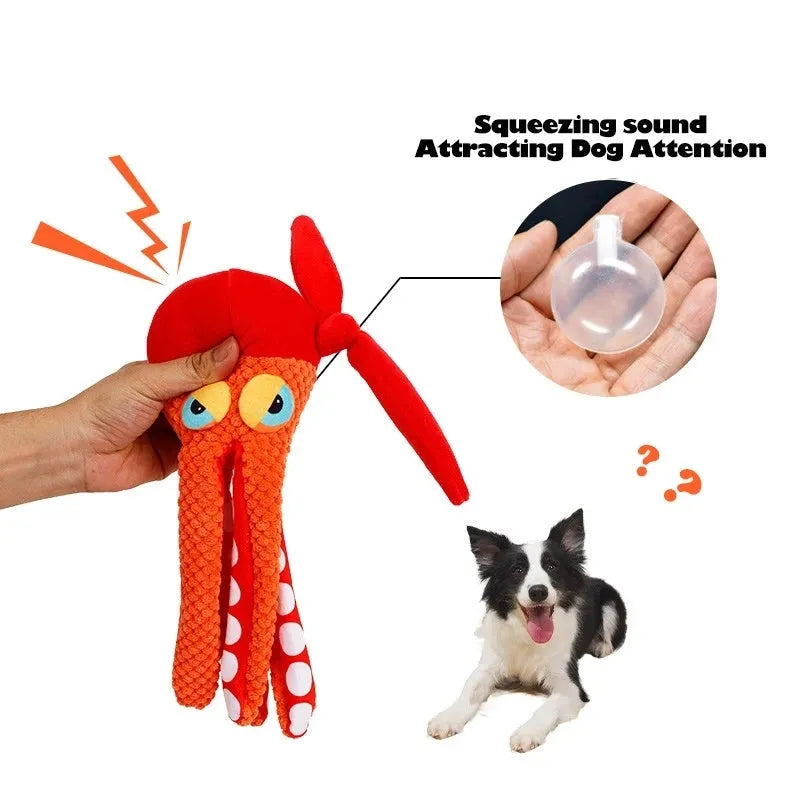 Orange octopus plush dog toy with squeaker measuring 24cm length for interactive play