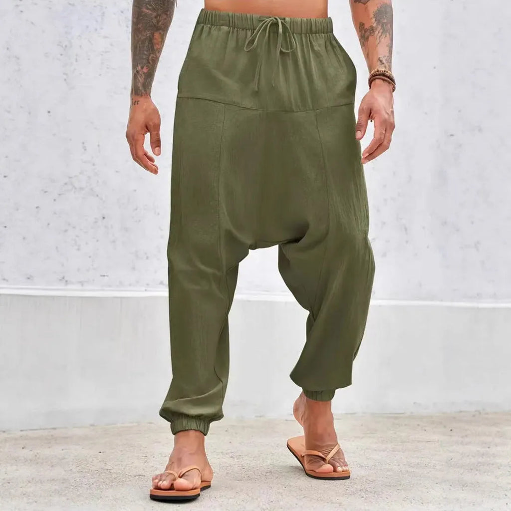 Summer breathable cuffed straight-leg cotton cargo pants in army green with drawstring waist