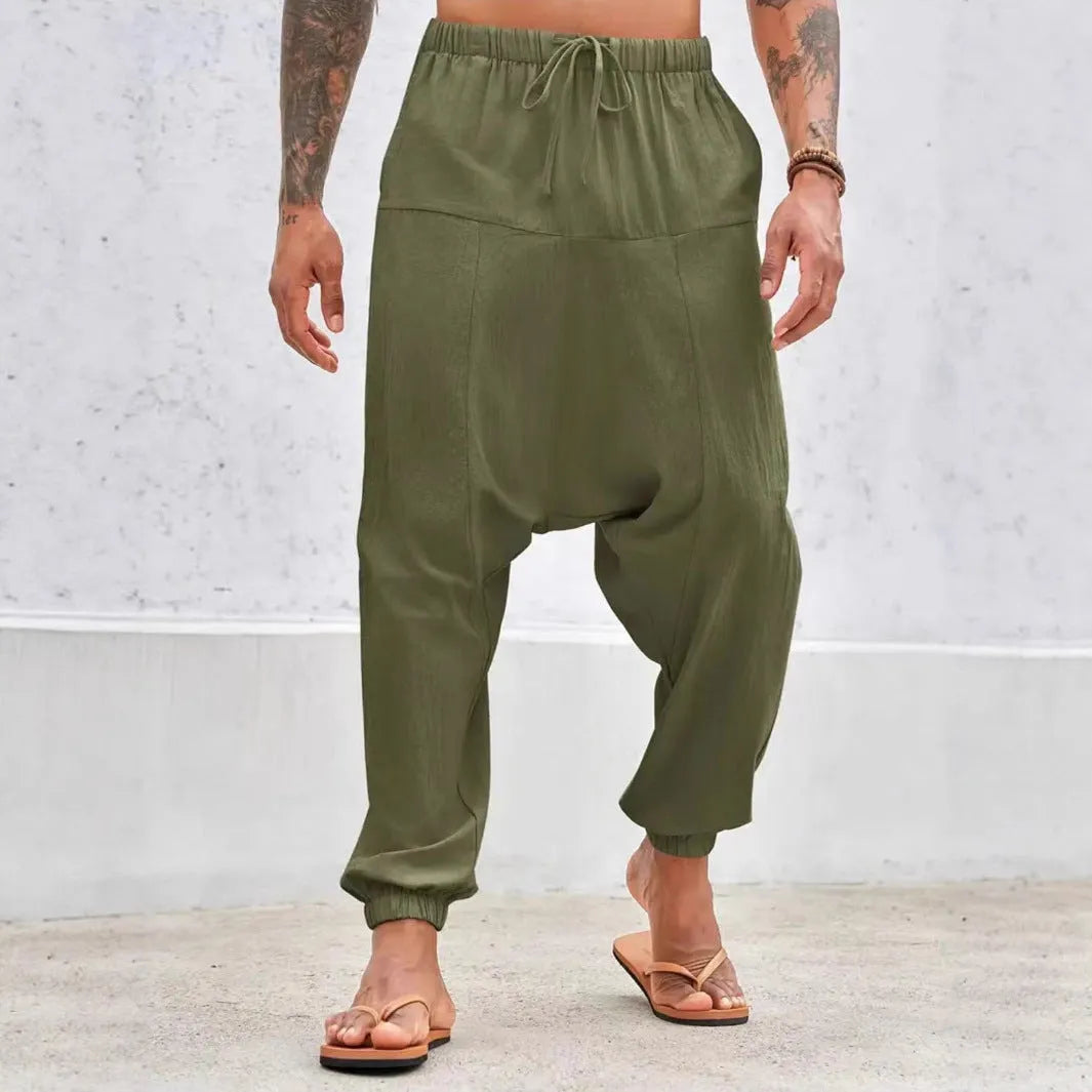 Summer breathable cuffed straight-leg cotton cargo pants in army green with drawstring waist