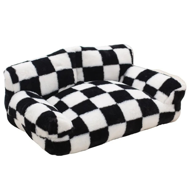 Black and white plaid plush kennel bed for cats and dogs, extra large size 90x55x26cm