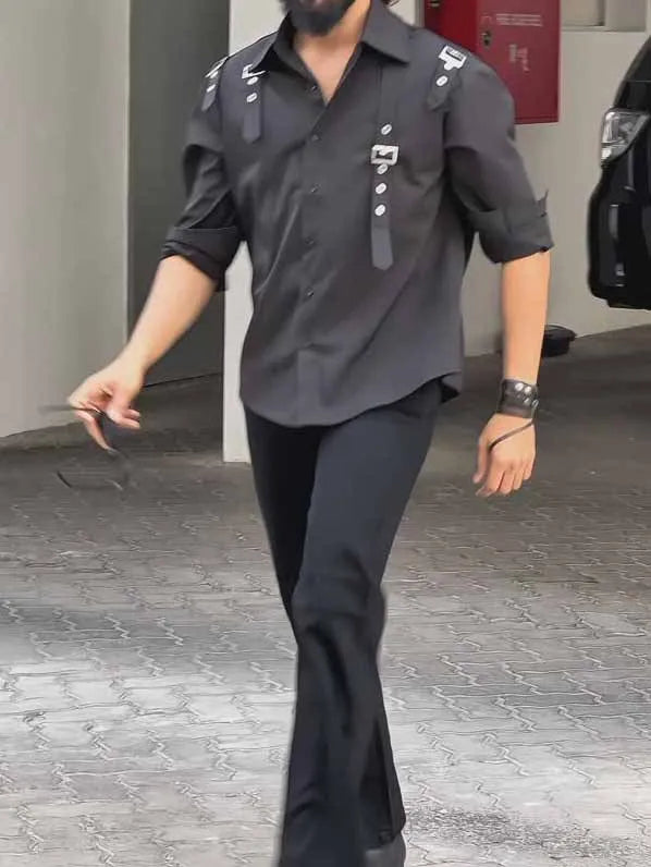 Men's black regular fit button-up shirt made from polyester fabric.
