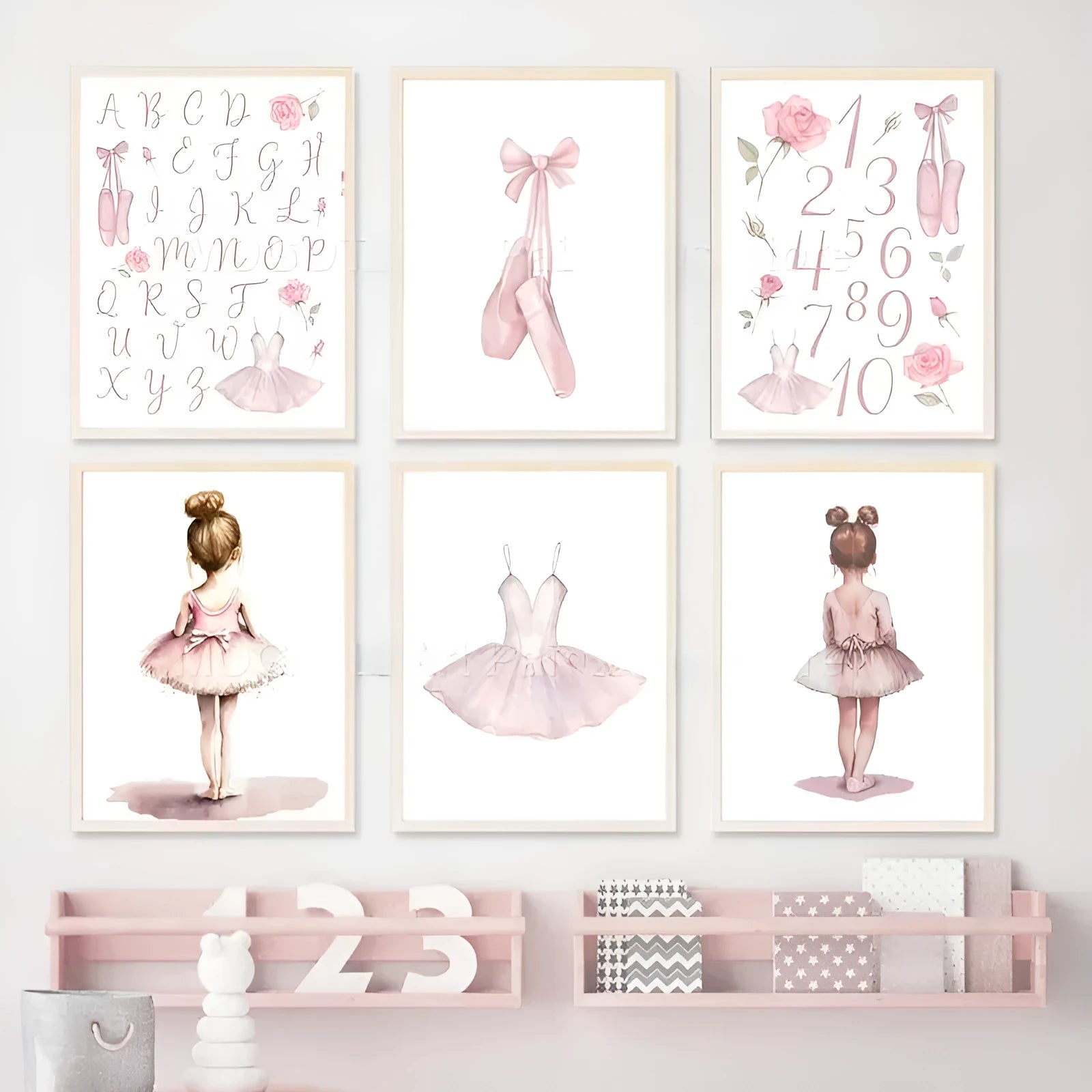 Ballet alphanumeric children's room canvas painting in frameless Nordic style, 13x18cm size