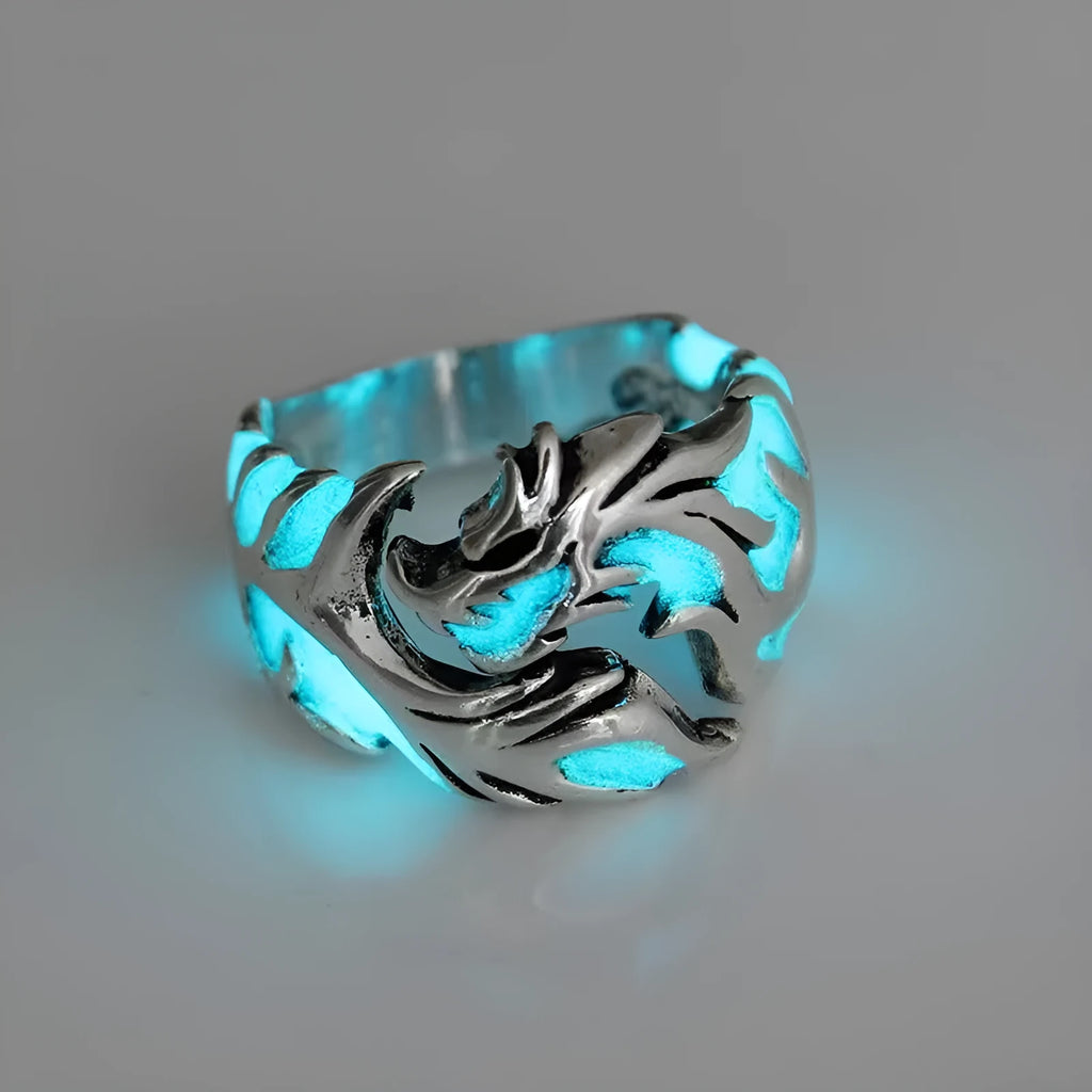 Adjustable Chinese style ring with luminous dragon pattern in antique silver blue and green