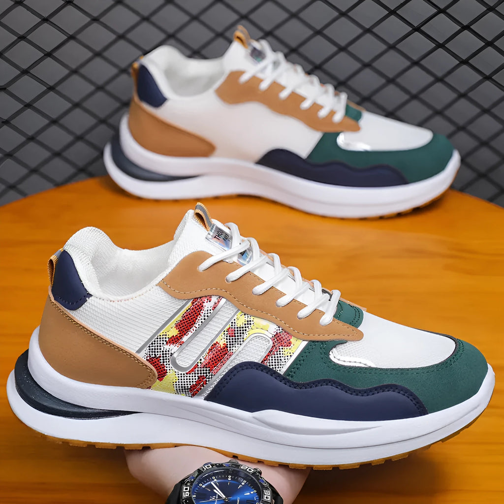 Men's white green mesh sports shoes with plastic sole and leather toe holder