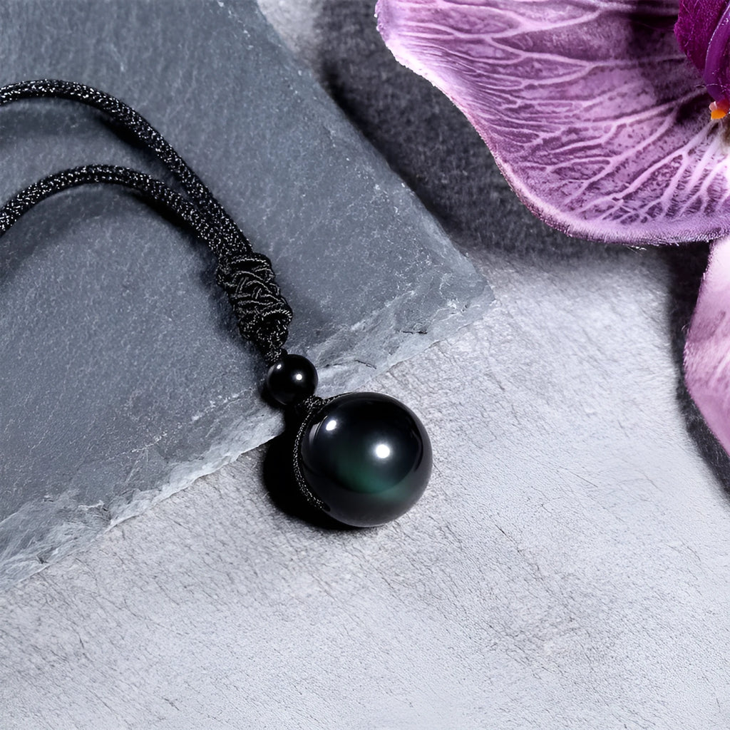 Natural obsidian and amethyst 16mm geometric pendant necklace on adjustable chain, multi colour option