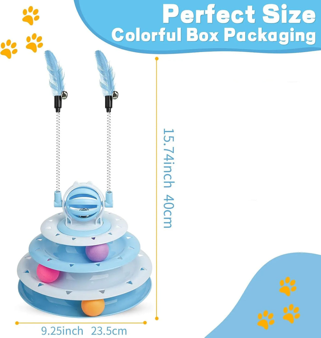 Blue four-tier interactive cat carousel toy with balls and teasing rods on a non-slip base.